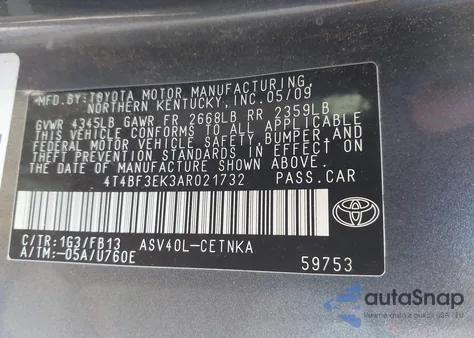 2010 Toyota Camry Le из США, поврежденный, VIN 4T4BF3EK3AR021732